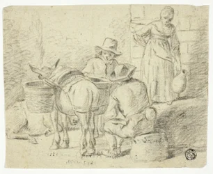 Männer und Esel, Frau mit Krug