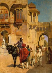 Abfahrt zur Jagd im Vorhof eines Palastes von Jodhpore, ca. 1898-1900