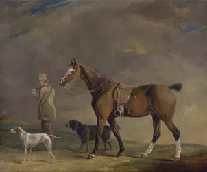 Ein Jäger mit Schusspferd und Jagdhunden