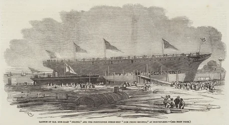 Stapellauf der HM-Kanonenboot Pelter und des portugiesischen Dampfschiffs Dom Pedro Secondo in Northfleet