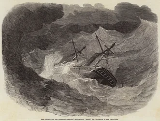 Das Dampfschiff Pekin der Peninsular und Oriental Company in einem Taifun im Chinesischen Meer