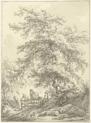 Frau mit Pferd am Zaun unter großem Baum