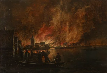 Nächtliches Feuer über holländischer Stadt
