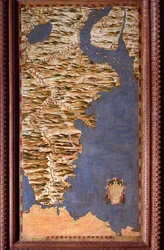 Karte der Magellanstraße von Egnazio Danti (1536-1586), italienischem Mathematiker, Kosmografen und Architekten. Um 1567. Florenz, Palazzo Vecchio, Sala del Mappamondo.