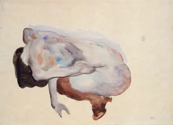 Kauernder Akt in Schuhen und schwarzen Strümpfen, Rückansicht, 1912