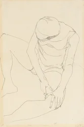 Nach vorn gebeugter weiblicher Akt, beide Hände auf dem linken Oberschenkel, 1913