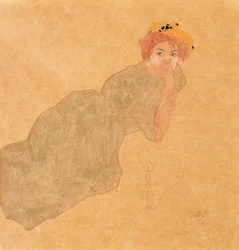 Mädchen im olivfarbenen Kleid mit abgestütztem Arm, 1908