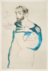 Gustav Klimt in seinem blauen Arbeitssmock