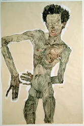 Männlicher Akt (Selbstporträt). Zeichnung von Egon Schiele (1890-1918), 1910. Bleistift, Aquarell und Tempera auf Papier. Dim: 55,7x36,8cm. Wien, Graphische Sammlung Albertina
