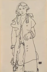 Mädchenakt mit pelzbesetztem Mantel, 1917