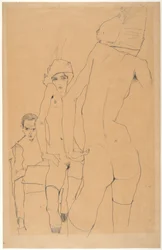 Schiele mit nacktem Modell vor dem Spiegel, 1910