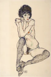 Sitzender weiblicher Akt, Ellenbogen auf rechtem Knie ruhend, 1914