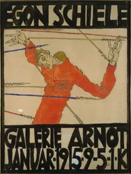 Selbstporträt als Heiliger Sebastian, Plakatentwurf für eine Ausstellung in der Galerie Arnot, 1914 (Gouache, schwarzer Kreide und Tinte auf Karton)