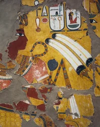 Amenhotep III. mit Flabellum, Zepter und Geißel, Malerei aus dem Grab von Amenhotep III. in Theben, ägyptische Zivilisation, Neues Reich, 18. Dynastie