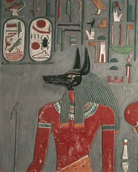 Ägypten, Altes Theben, Tal der Könige, Wandmalerei von Anubis im Grab von Horemheb