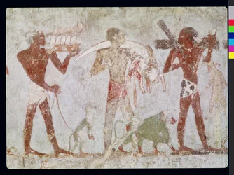 Kuschiten bringen Tribute aus Gold, Elfenbein und Tierhäuten, aus dem Grab des Rechmire, Wesir von Thutmosis III. und Amenophis II., Neues Reich