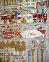 Opfergaben und Keramik, die von Königin Hatschepsut den Göttern dargebracht wurden, bemaltes Relief, Anubis-Kapelle, Totentempel der Königin Hatschepsut, auch bekannt als Djeser-Djeseru, Deir el-Bahri, Theben. Ägyptische Zivilisation, Neues Reich, 18. Dyna