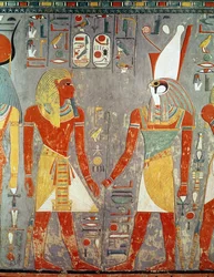 Relief, das Haremhab (ca. 1323-1295 v. Chr.) vor Horus zeigt, aus seinem Grab, Neues Reich