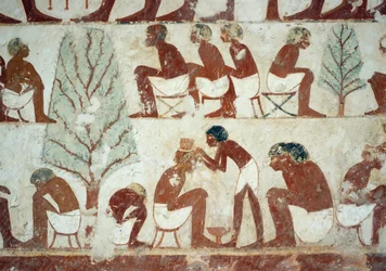 Soldaten, die sich die Haare schneiden lassen, Detail aus den Fresken im Grab von Userhat, Sheikh Abd el Qurnah Nekropole, Luxor, Theben (Unesco-Weltkulturerbe)