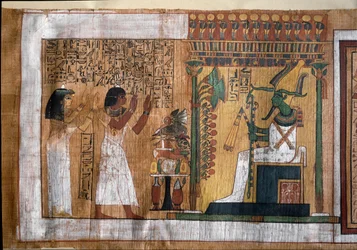Der verstorbene Kha und seine Frau Merit verehren Osiris, Herrn des Jenseits. Papyrus aus dem Totenbuch, aus der Grabkammer des Architekten Kha