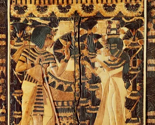 Oberes Paneel von einer Truhe, aus dem Grab von Tutanchamun, Neues Reich (Holz, Bronze, Elfenbein & farbige Glasur)