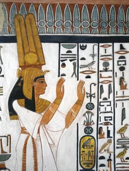 Ägypten, Theben, Luxor, Tal der Königinnen, Grab von Nefertari, Wandmalerei der Königin, die die Totenformel in der Grabkammer aus der 19. Dynastie rezitiert