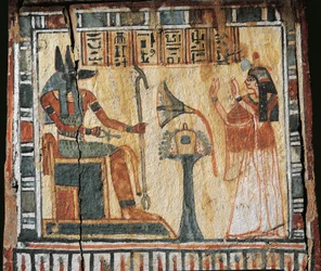 Bemalte Holzkiste mit Darstellung des Verstorbenen und des Gottes Anubis, für Shabtis von Tamutnofret