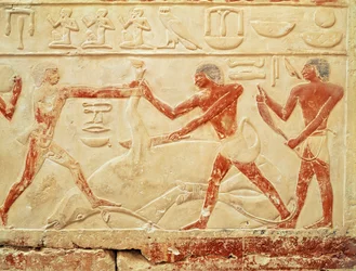 Metzger beim Schlachten eines Ochsen, Relief aus dem Grab der Prinzessin Idut, Altes Reich, ca. 2330 v. Chr.