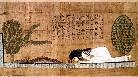 Ägyptische Antiquität: ein Verstorbener, der das Krokodil anbetet, Symbol der Fruchtbarkeit. Papyrus aus einem Totenbuch. Kairo, Ägyptisches Museum