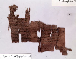 Literarischer Papyrus: „Phaedrus“ von Platon, griechischer Philosoph. Universität Mailand, Institut für Papyrologie