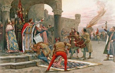 Kalman I. (1068-1116), König von Ungarn, verbietet das Verbrennen von Hexen (Chromolithographie)