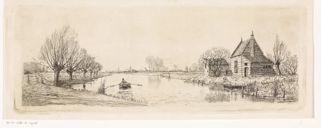 Flusslandschaft mit einem Holzhaus