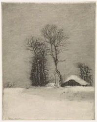 Winterlandschaft mit Bauernhof und Bäumen