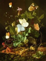 Stillleben eines Waldbodens mit Blumen, einer Maus und Schmetterlingen