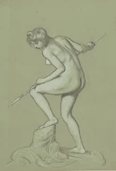 Mädchen spießt Delfin auf, ca. 1900