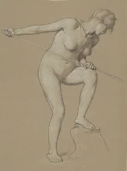 Mädchen spießt Delfin auf, ca. 1900
