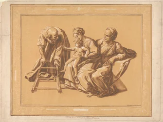 Mutter, Kind, alter Mann mit Baby-Gehgestell auf Rädern