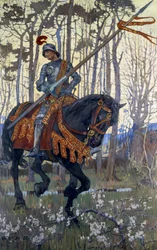 Ein Ritter in Rüstung reist durch den Wald, Illustration aus 