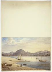 Ansicht des Hafens mit vier Segelbooten