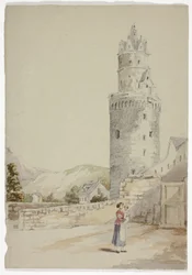 Frau und Kind vor ummauerter Stadt mit Turm
