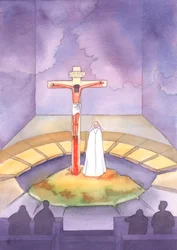 Bei jeder Messe sind wir dem Opfer, das einst auf Golgatha dargebracht wurde, gegenwärtig, als Christus für uns litt und starb, während seine Mutter bei ihm stand