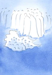 Christus und seine Heiligen im Himmel blicken mit großer Zärtlichkeit auf seine Freunde auf Erden, die über sein Leiden meditieren.