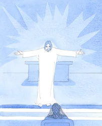 Christus begrüßte mich mit weit geöffneten Armen in einer liebevollen Geste und zeigte seine Freude an meinem Kind