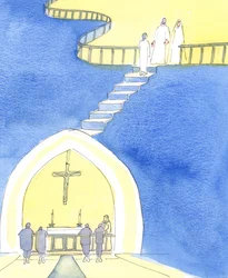 Christus lädt uns ein, am Altargeländer zu erscheinen, um die Heilige Kommunion zu empfangen; und am Ende des Lebens am Geländer am Rand des Himmels zu erscheinen, geheiligt und bereit einzutreten