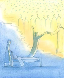 Die heilige Seele, die bereit für den Himmel ist, wird nicht nur von Christus empfangen, sondern auch von seiner heiligen Mutter und allen Heiligen