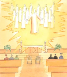 Wenn ein Mann und eine Frau in einer katholischen Kirche ihre Ehegelübde ablegen, ist Christus mit all Seinen Heiligen anwesend, um die Ehe zu bezeugen, die ein Sakrament der Kirche ist, 2005