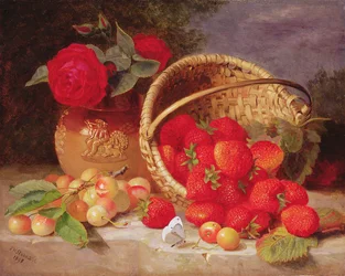 Stillleben mit einem Korb voller Erdbeeren und Kirschen, 1898