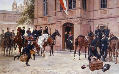 Kronprinz Ludwig IV. von Hessen-Darmstadt verabschiedet Cornelius Heyl vor dem Schlosschen in Worms, bevor er 1870 in die Schlacht von Sedan zieht