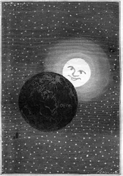 Gravur (von Emile Bayard) aus Jules Vernes Buch „Rund um den Mond“ (Hetzel-Ausgabe/Voyages Extraordinaires 1870): Die Erde zieht am Mond vorbei