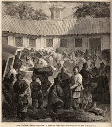 Gasthofhof in Chiang Ping Cheou. Zeichnung von Emile Bayard (1837-1891), zur Illustration der Reise von Shanghai nach Moskau, von 1859 bis 1862, von M. de Bourboulon, Minister von Frankreich in China. Gravur in Le Tour du Monde, herausgegeben von Edouard C